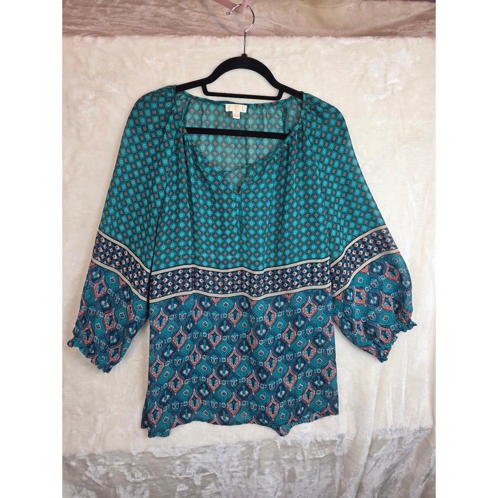 Cato Teal Coral Geometric Tile Print Boho Blouse Tassel Tie XL